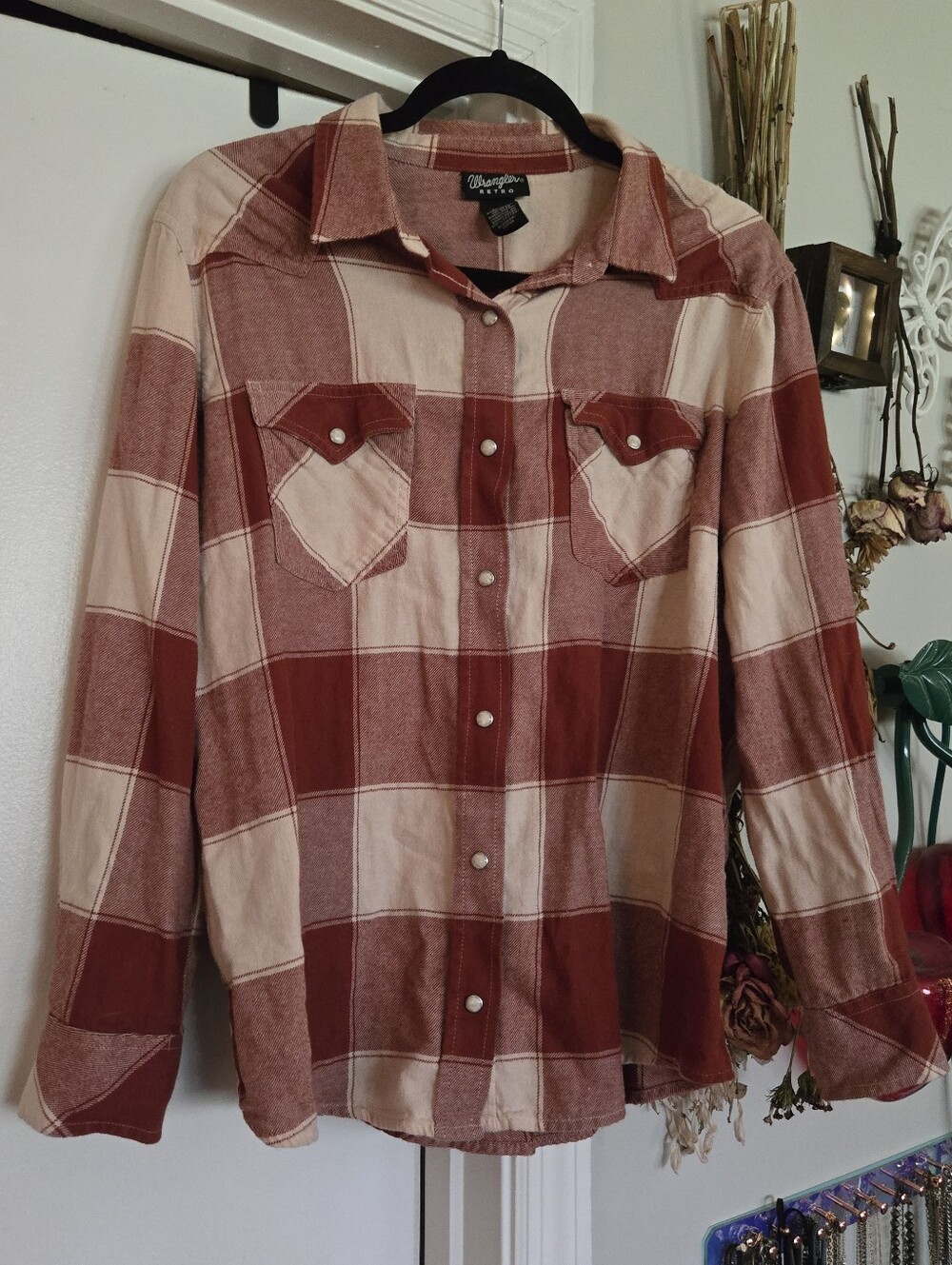 Wrangler Retro Rust Plaid Flannel Long Sleeve Pearl Snap Shirt Md